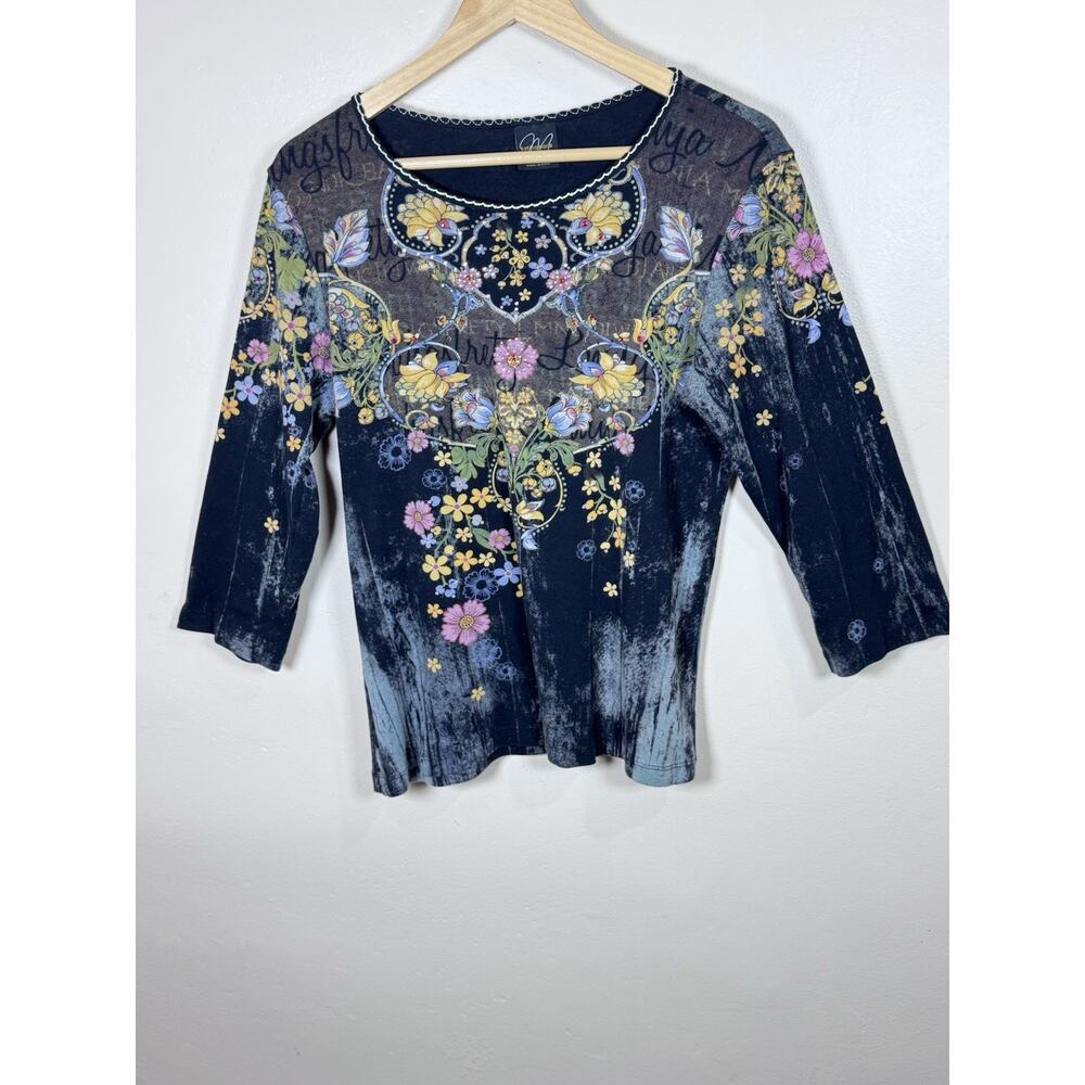 Katina Marie Womens Top Black Floral Embellished Boho Rhinestone Artsy Y2K L